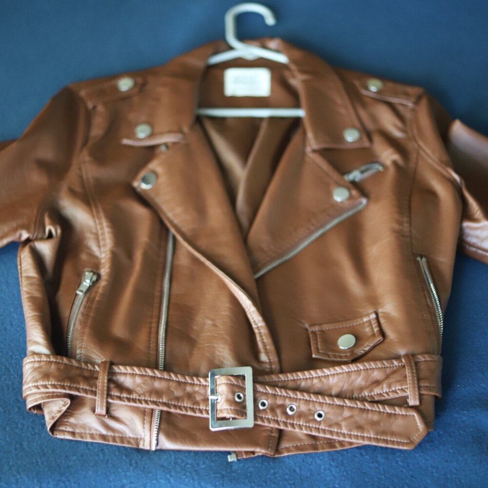 Brown Faux Leather Jacket Silver Zipper Silver Buttons with Accent Belt